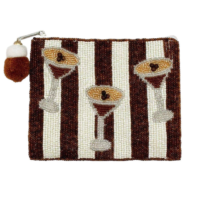 Striped pouch with martini glass design and pom-pom on a white background