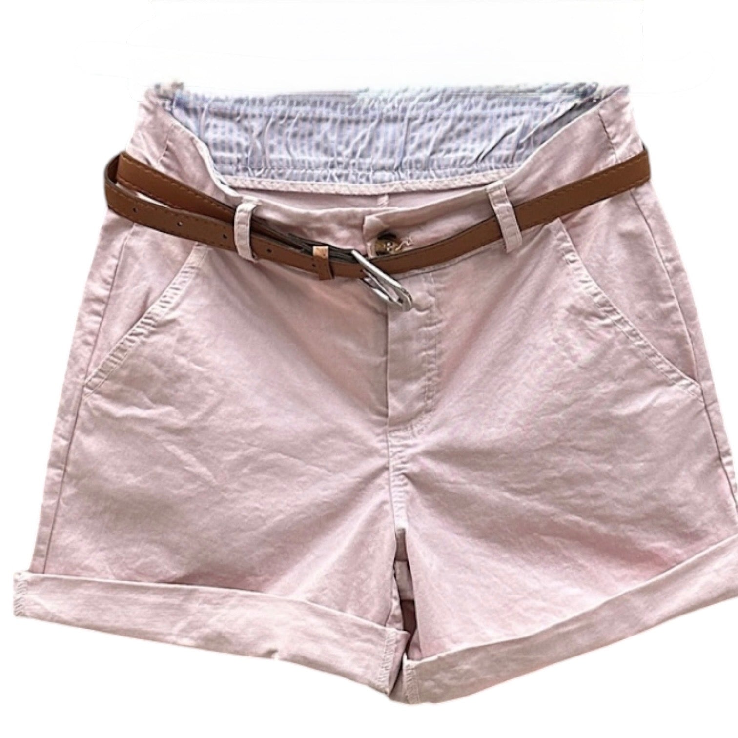 Light pink shorts with a brown belt on a white background