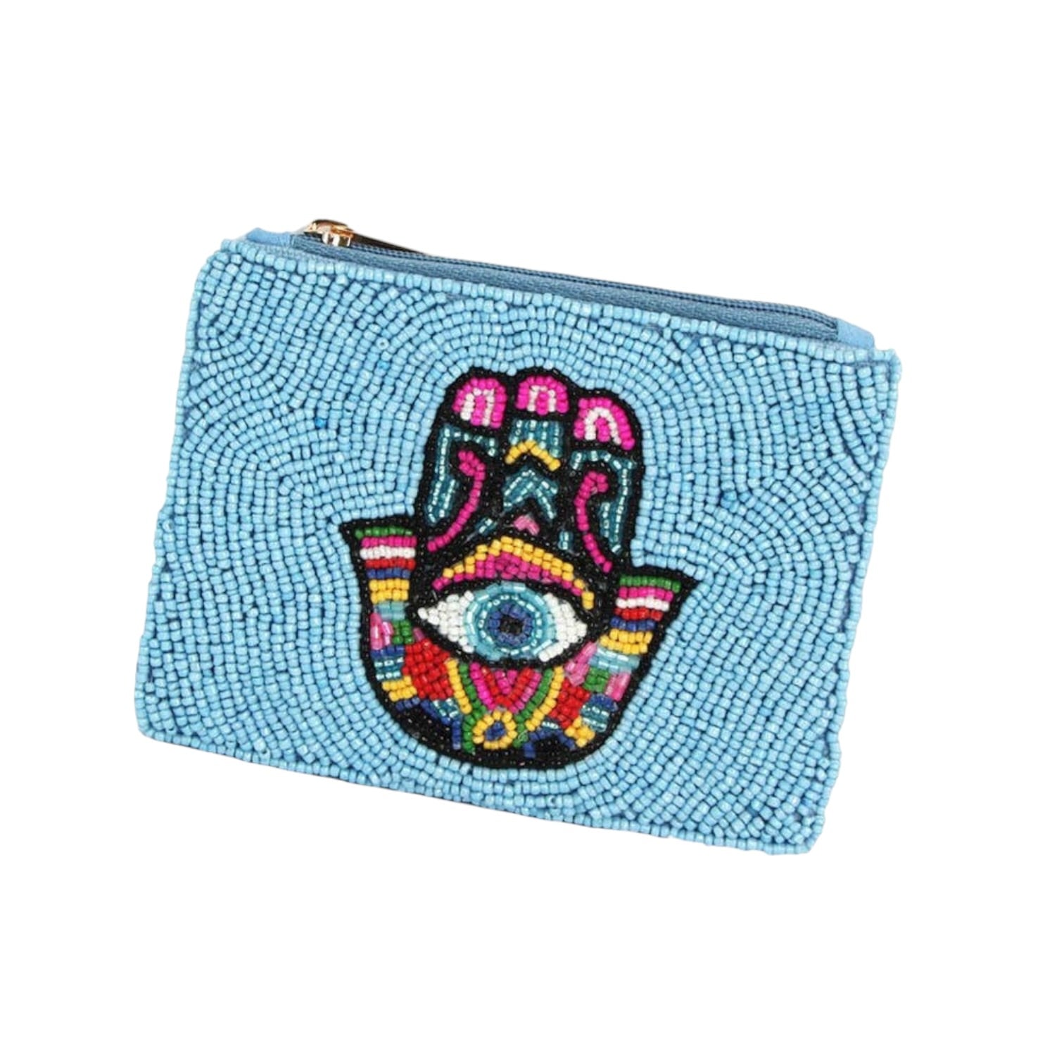 Blue beaded pouch with colorful Hamsa design on a white background