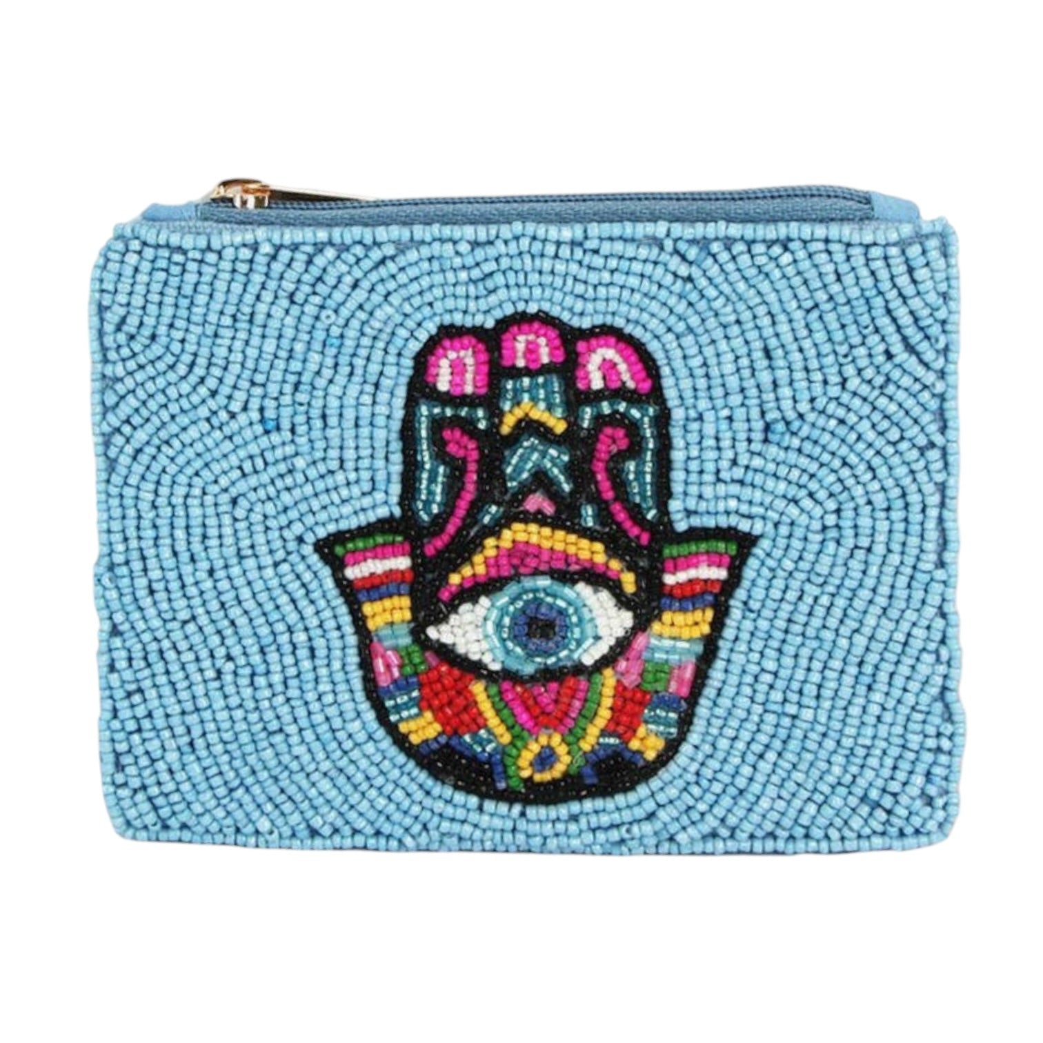 Blue beaded pouch with colorful Hamsa hand design on a white background