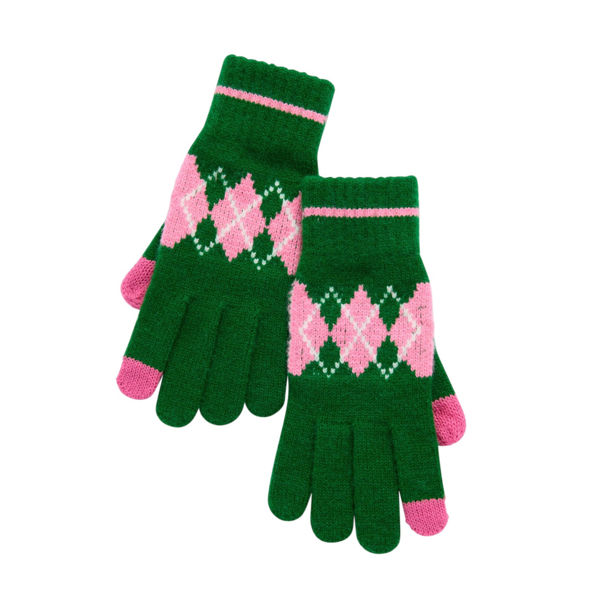 A pair of green knit winter gloves with pink and white argyle patterns on the back of the hands and pink tips, shown on a plain white background.