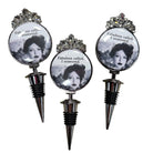 Three decorative bottle stoppers with a common design featuring a woman's face and text on a white background.