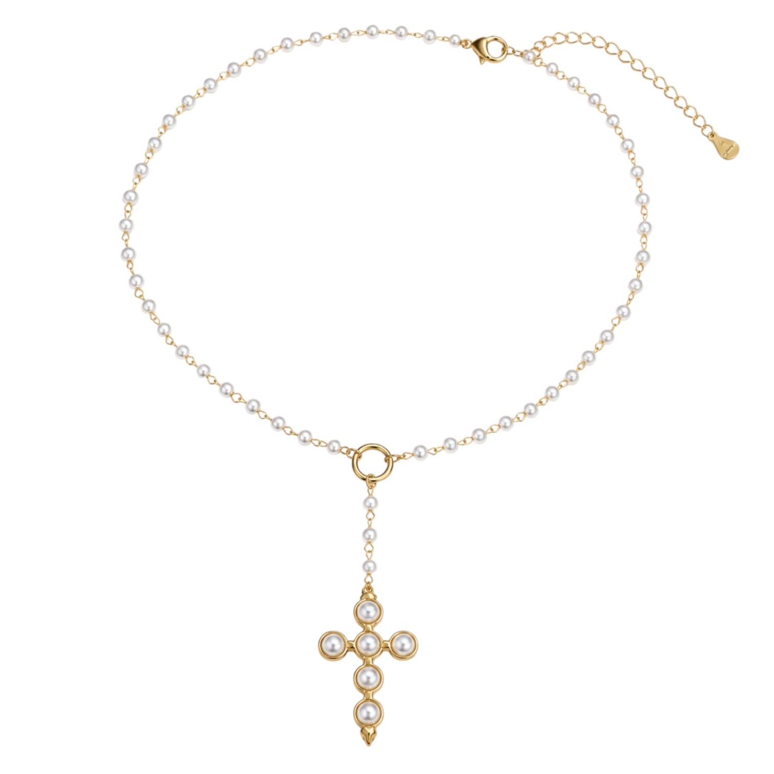 Gold necklace with a cross pendant on a white background