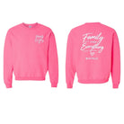 Pink sweatshirt with 'Family Over Everything' text on front and back