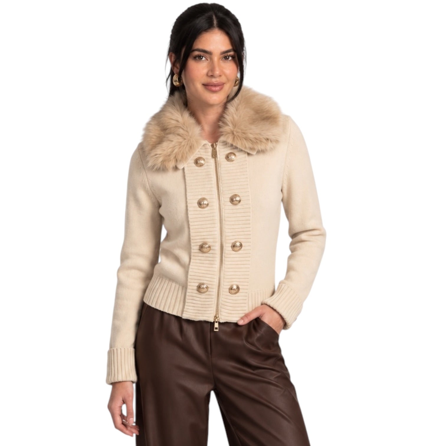 Faux Fur Collar Metallic Button Knit Jacket - Ivory – Alicia