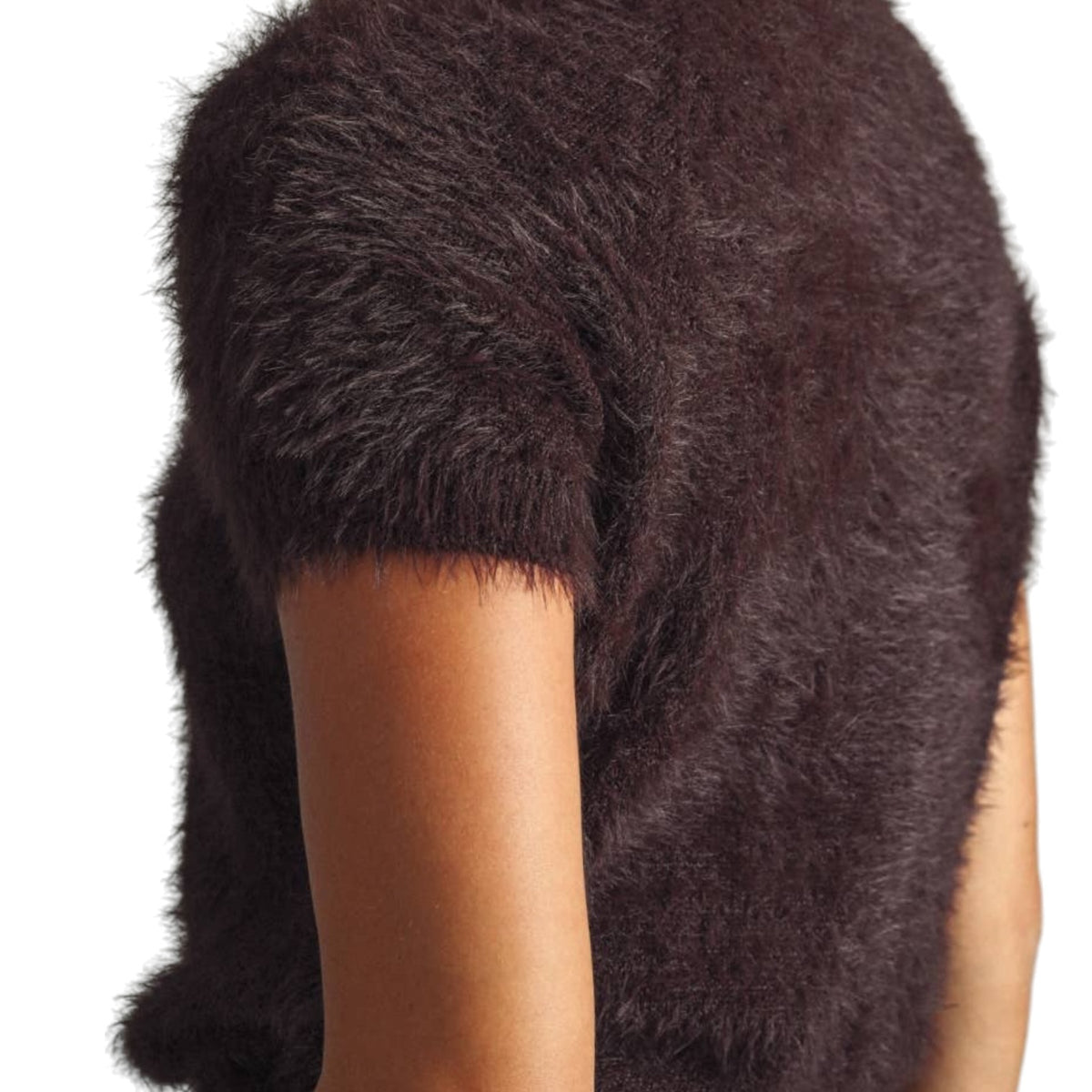 Close-up of a person wearing a dark brown fuzzy short-sleeve top or vest against a plain white background.