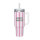 Pink and white striped mug with 'Favorite Daughter' text on a white background