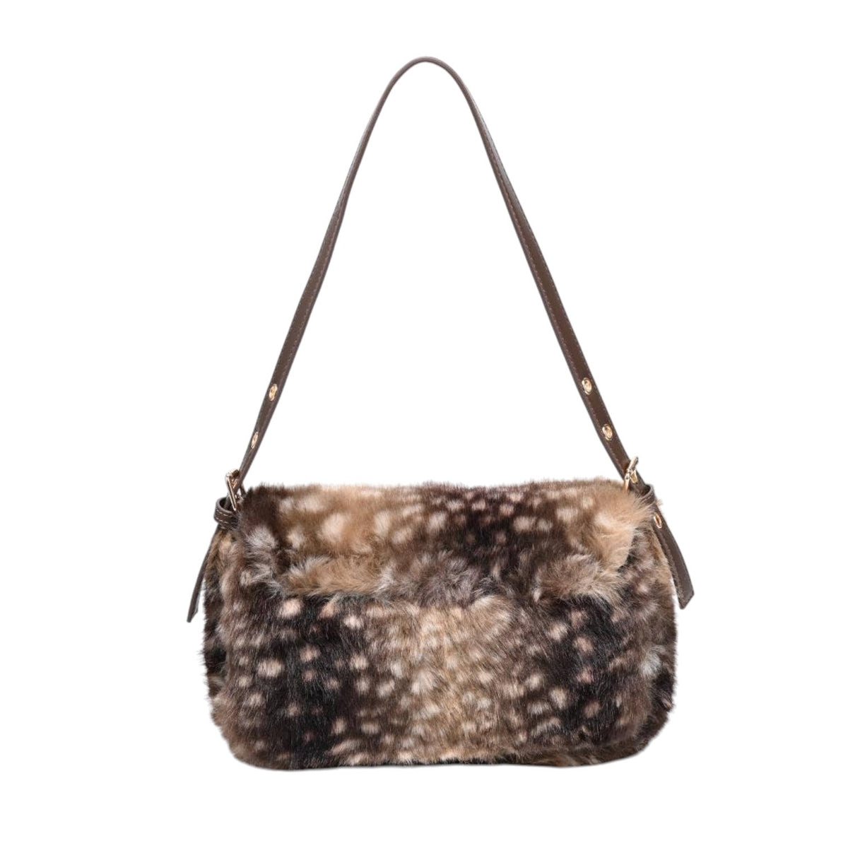 A shoulder bag with a spotted brown and black faux fur body and a dark brown strap, shown against a plain white background.