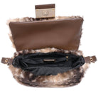 A brown faux fur and leather shoulder bag shown open, featuring a brown leather interior, black lining, and gold-tone hardware on a white background.
