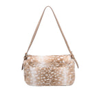 A shoulder bag with a soft faux fur body featuring a light brown and white spotted deer print pattern, complete with a slim tan shoulder strap and gold-tone hardware, shown against a plain white background.