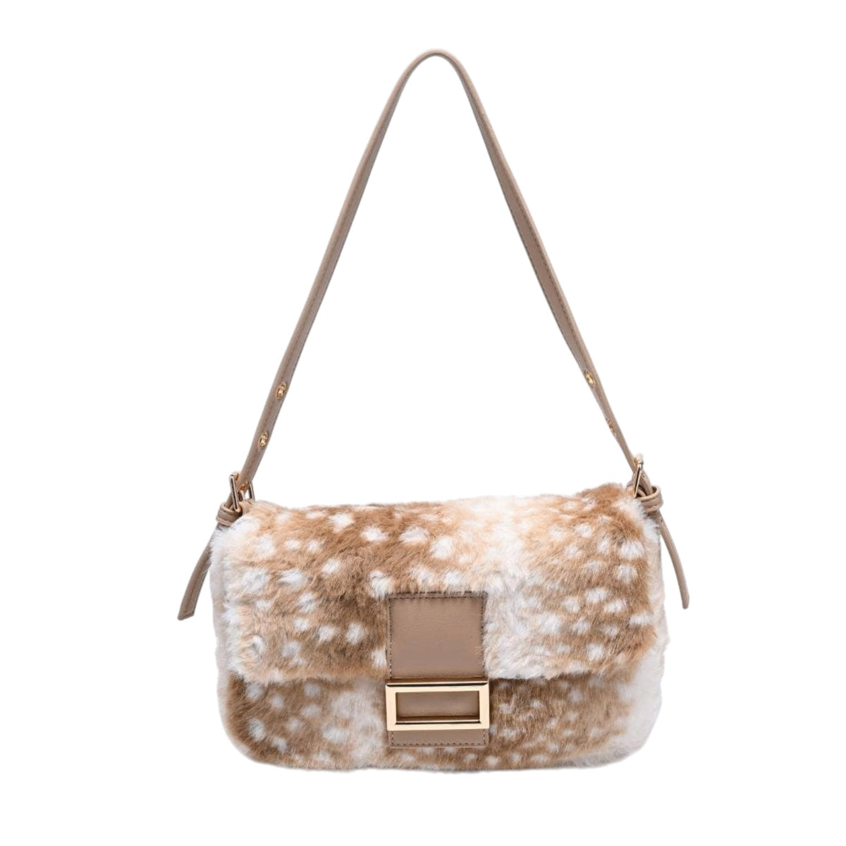 A shoulder bag with a faux fur body featuring a brown and white spotted deer-print pattern, a solid brown flap, and a gold-tone rectangular clasp. It has a matching brown shoulder strap with gold-tone hardware, shown against a plain white background.