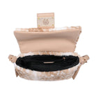 Beige handbag with fur trim on a white background