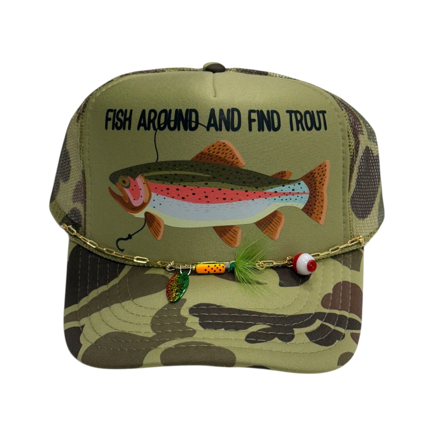 Camouflage cap with fish design and 'Fish Around and Find Trout' text on a white background