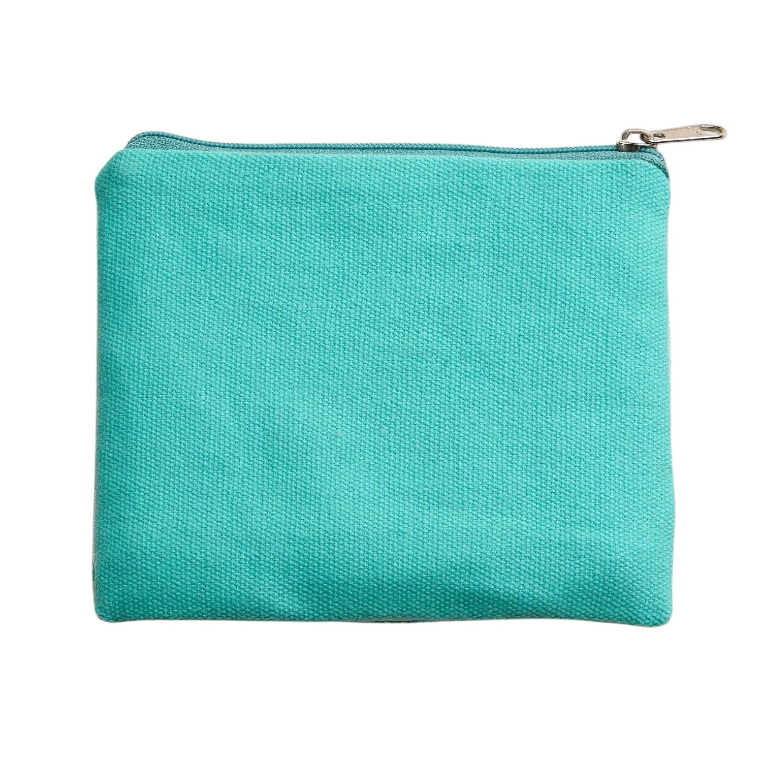 Turquoise fabric pouch with a zipper on a white background