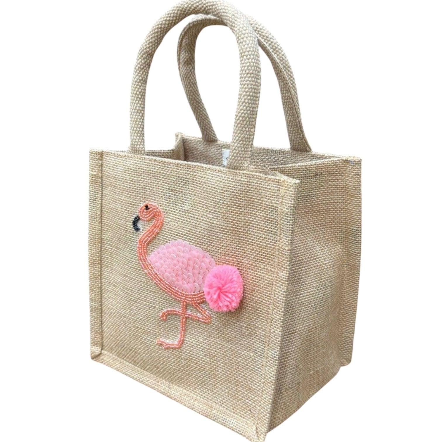 Jute bag with a pink flamingo design on a white background