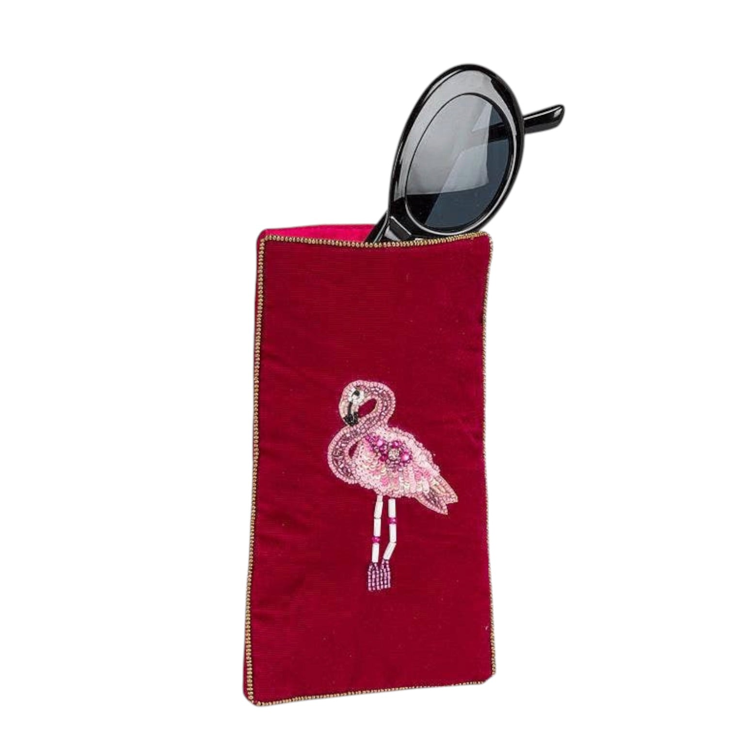Red sunglasses case with flamingo design on a white background