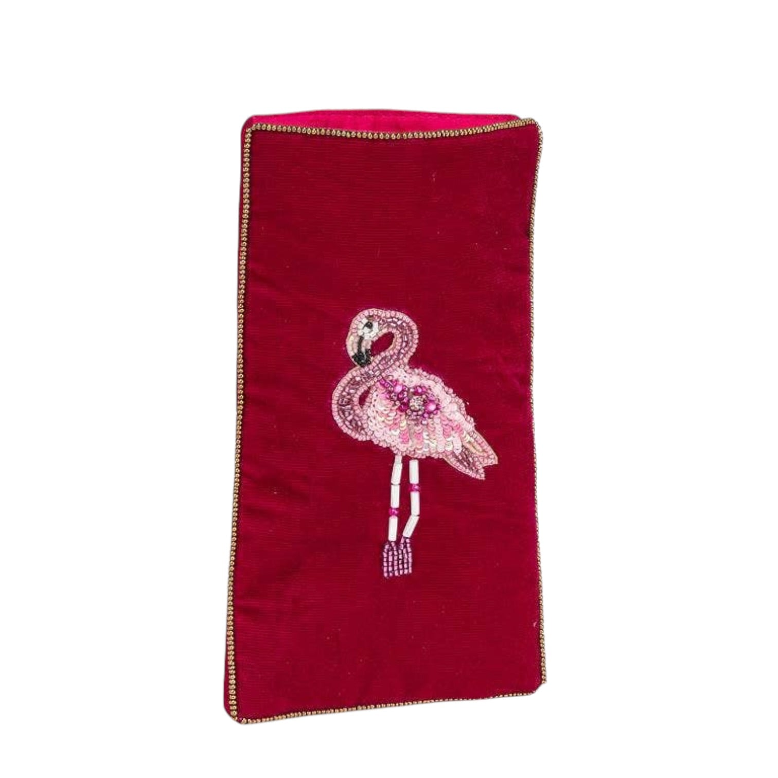 Red pouch with a pink flamingo design on a white background
