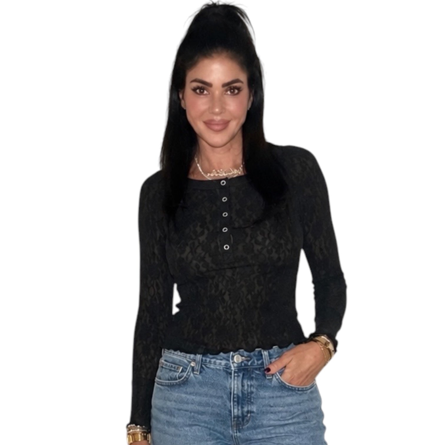 A woman modeling a black long-sleeve lace top with a buttoned henley-style neckline, paired with blue jeans, against a plain white background.