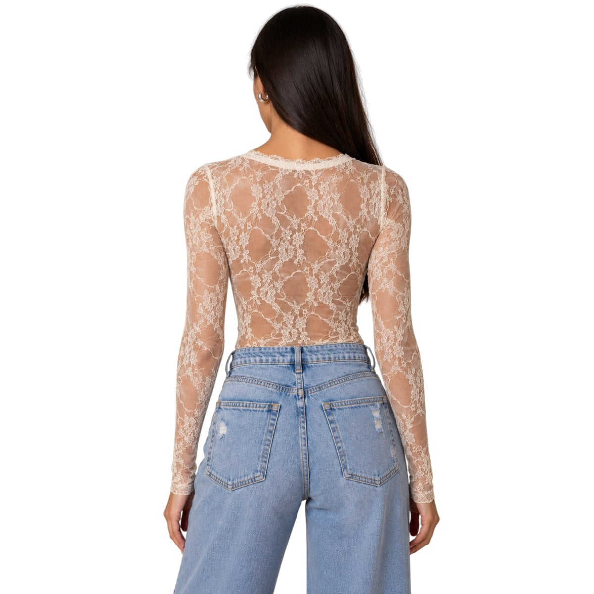 A woman shown from the back wearing a sheer beige lace long-sleeve crop top over light blue jeans, against a plain white background.