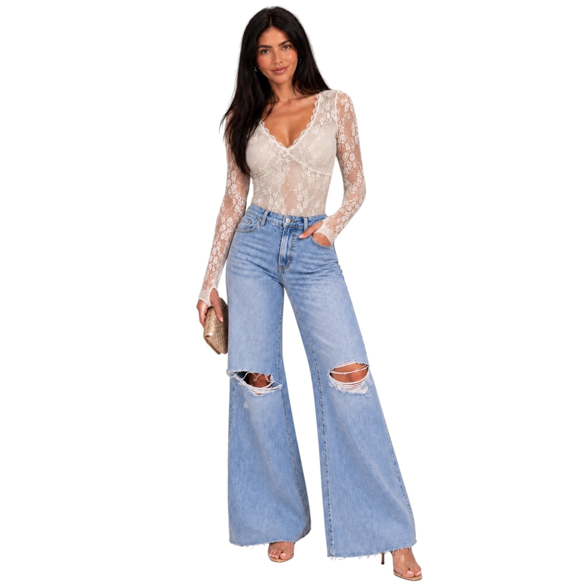 A woman modeling a two-piece outfit featuring a beige lace long-sleeve bodysuit and high-waisted, wide-leg light blue denim jeans with ripped details, set against a plain white background.