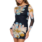 Black dress with colorful floral patterns on a white background