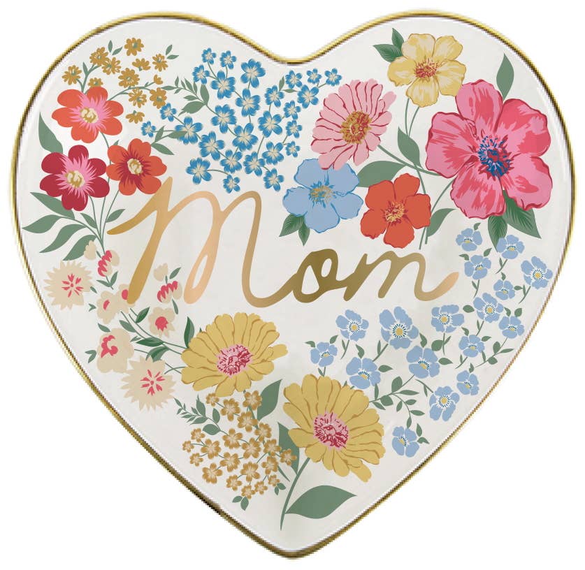 Heart-shaped decorative tray with floral design and 'Mom' text on a white background