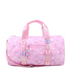Pink duffel bag with butterfly design on a white background