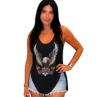 Woman wearing a black tank top with an eagle design on a white background