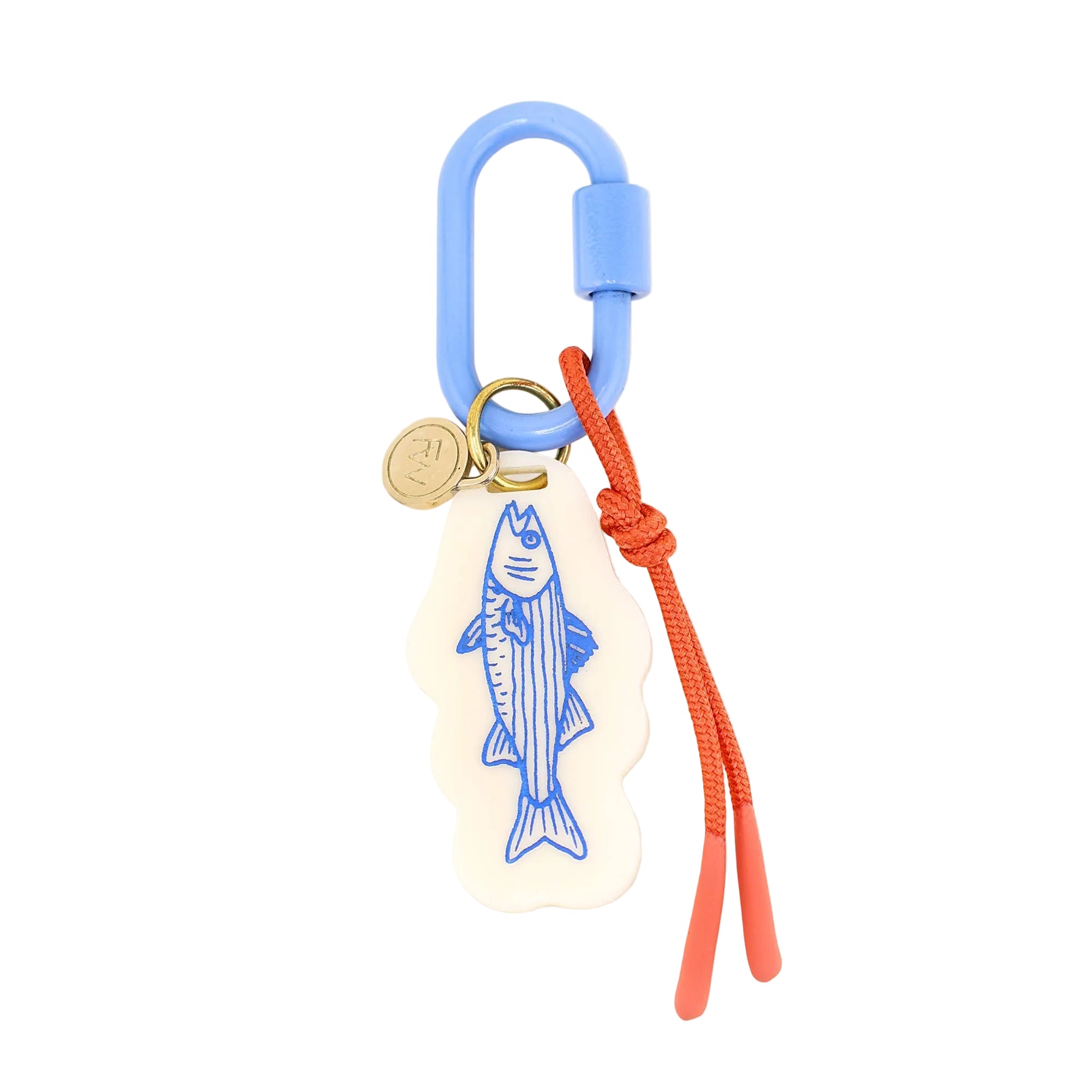 Keychain with fish design, blue carabiner, and orange strap on a white background