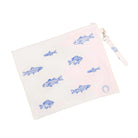 Zip pouch with blue fish illustrations on a white background