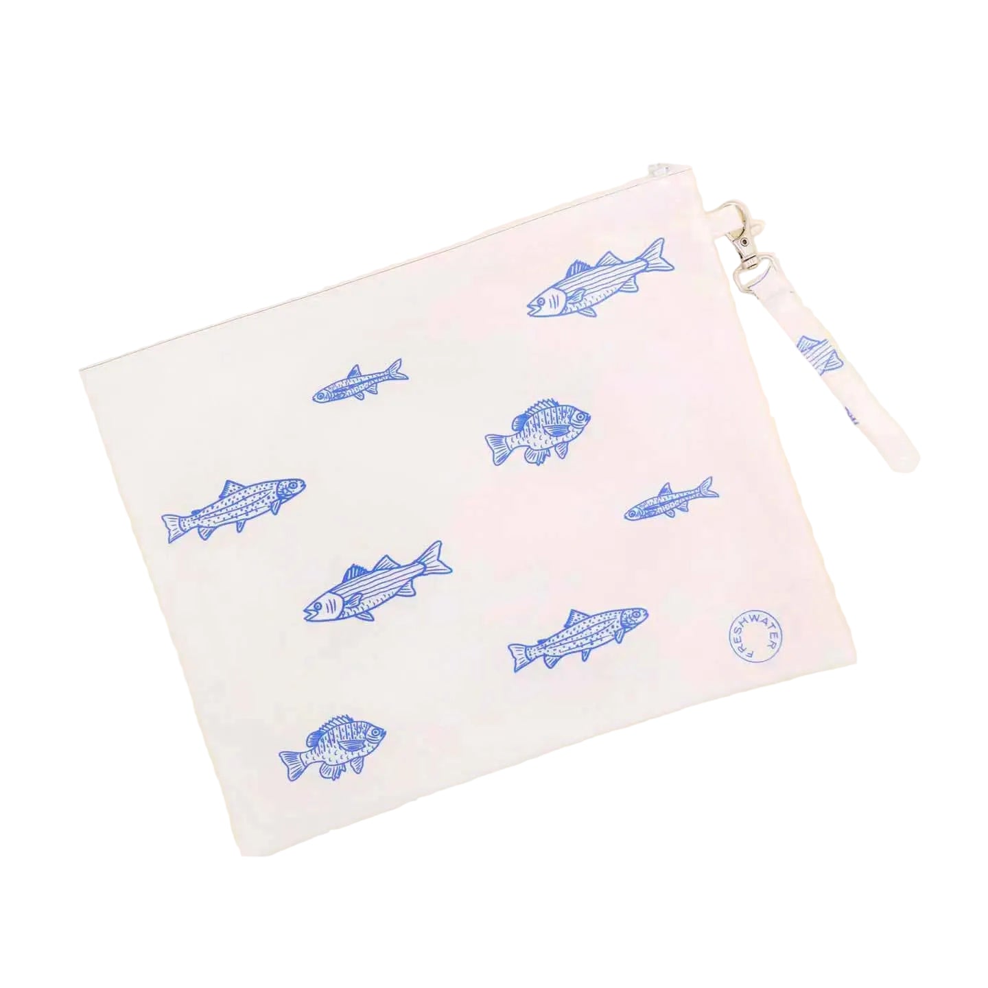 Zip pouch with blue fish illustrations on a white background