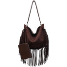 A dark brown suede slouchy shoulder bag with long fringe, a braided shoulder strap, and a matching small zippered pouch, shown on a plain white background.