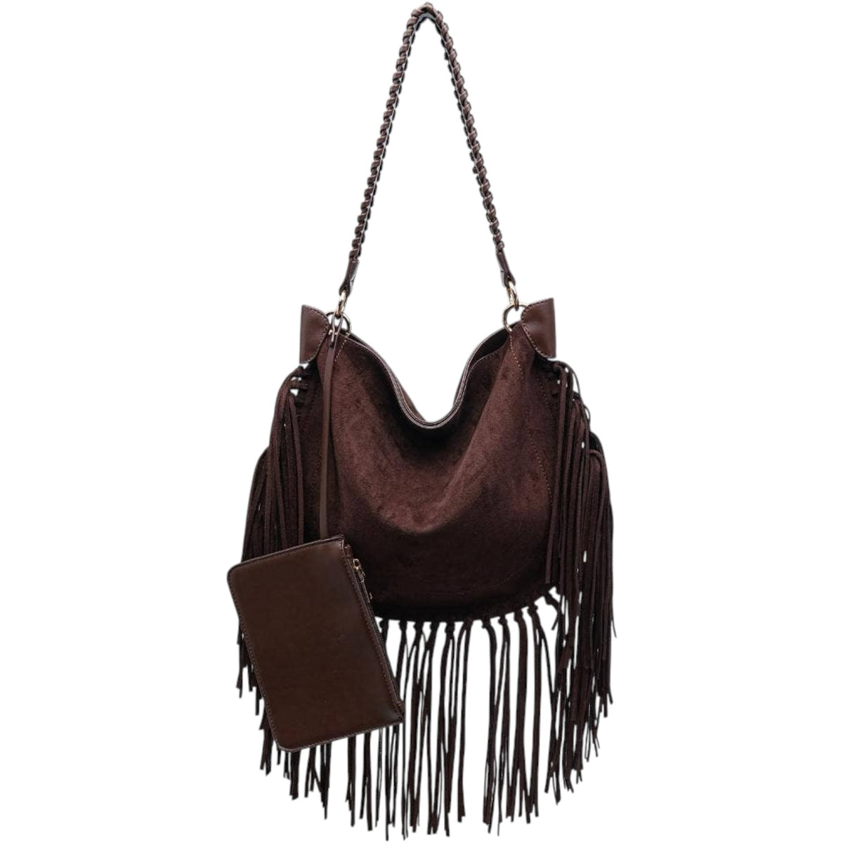 A dark brown suede slouchy shoulder bag with long fringe, a braided shoulder strap, and a matching small zippered pouch, shown on a plain white background.