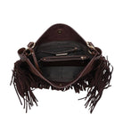 A dark brown suede shoulder bag with long fringe detailing, shown from a top-down view to display its interior compartments, including a zippered pocket and a black fabric lining.