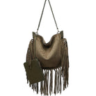 An olive green fringe shoulder bag with a matching small pouch and chain strap, shown against a plain white background.