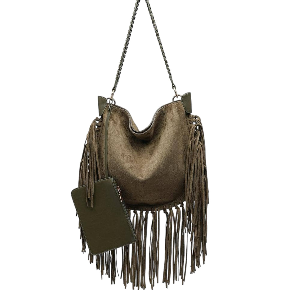 An olive green fringe shoulder bag with a matching small pouch and chain strap, shown against a plain white background.