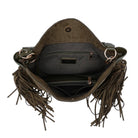 An open shoulder bag shown from the inside, featuring dark brown suede-like exterior with long fringe, a dark gray interior lining, and gold-tone hardware.