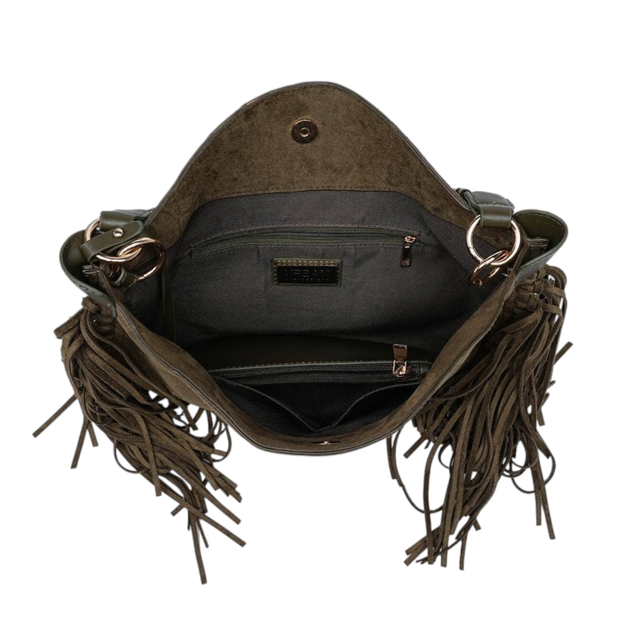 An open shoulder bag shown from the inside, featuring dark brown suede-like exterior with long fringe, a dark gray interior lining, and gold-tone hardware.