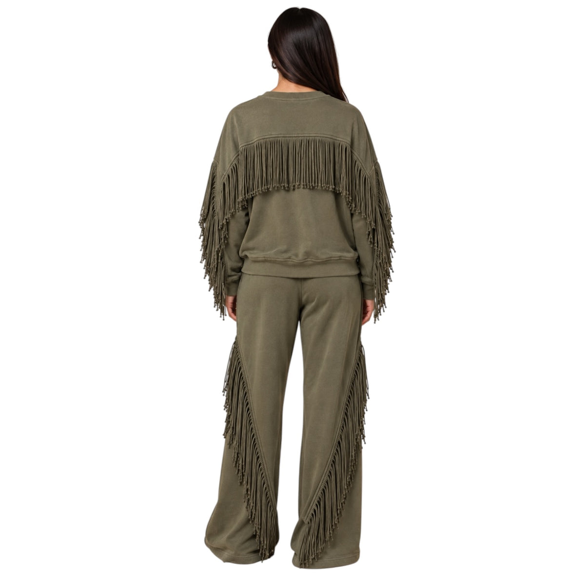 A woman viewed from the back wearing an olive green matching lounge set with fringe detailing on the sleeves and legs, set against a plain white background.