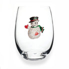 Clear glass with a decorative snowman charm on a white background