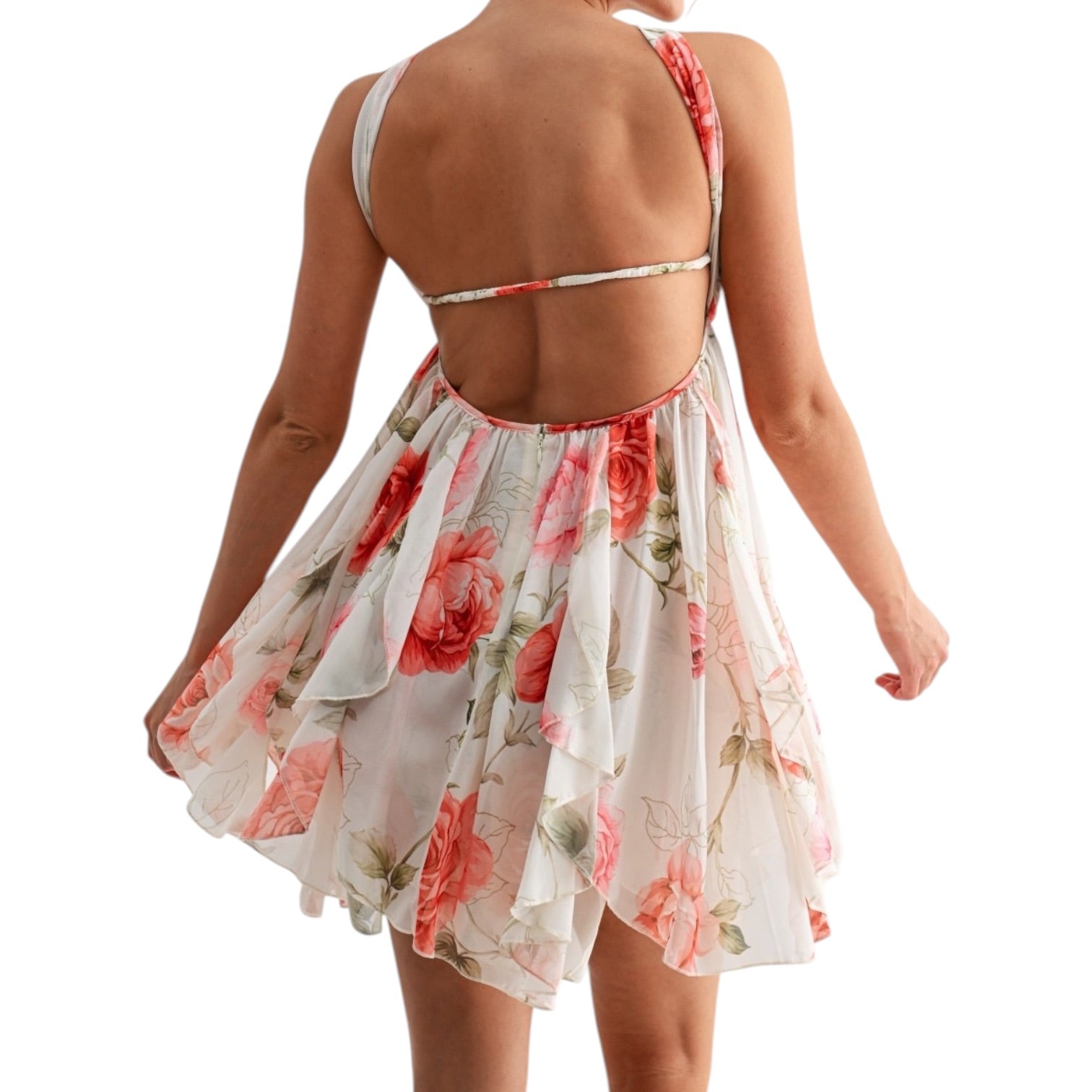 Floral dress with a backless design on a white background
