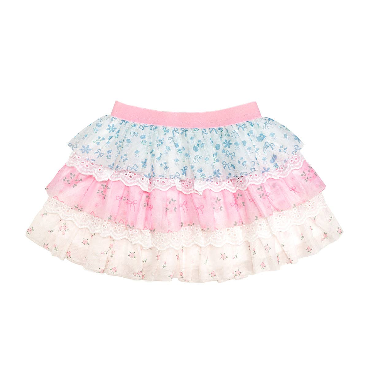 Multicolored tutu skirt with floral patterns on a white background