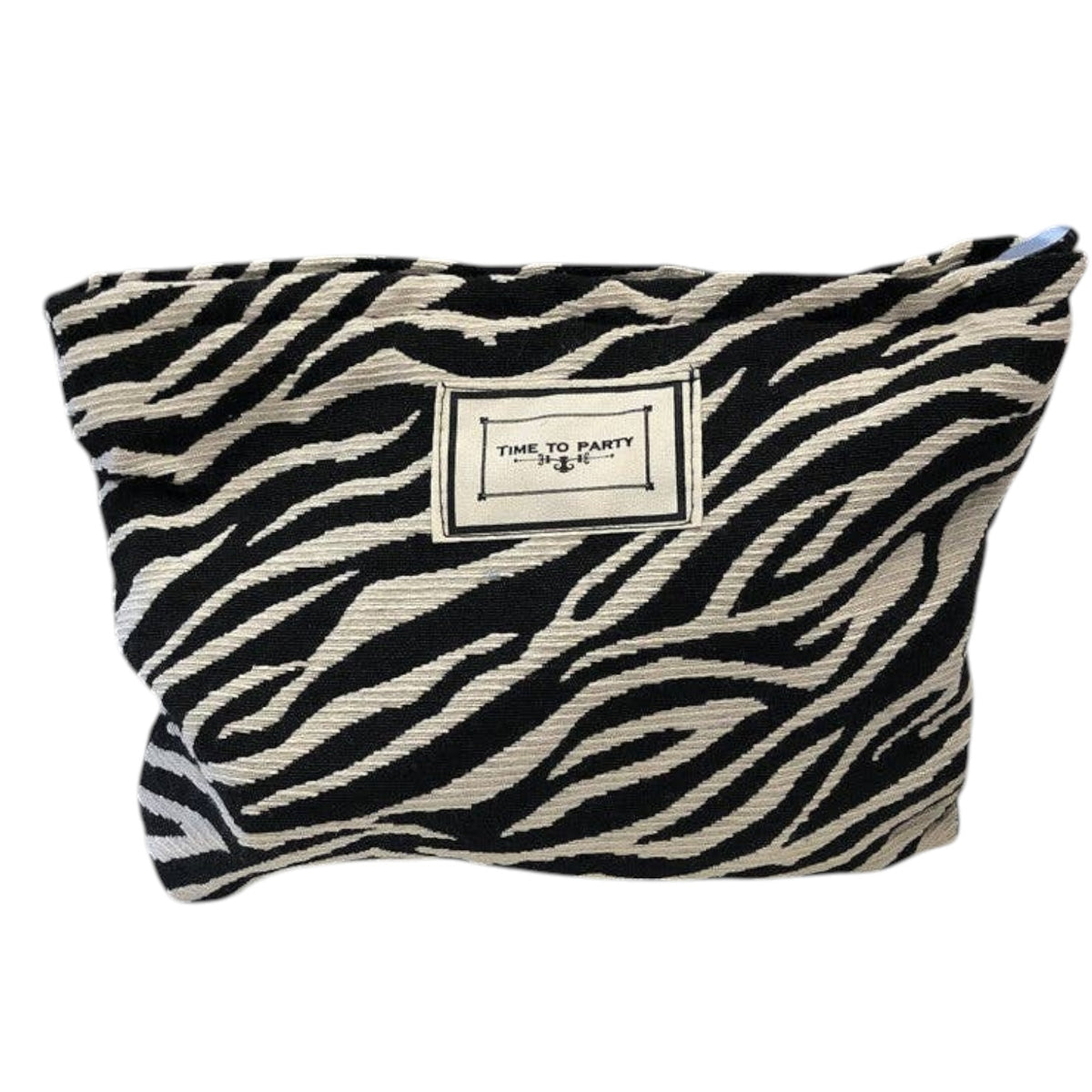 A black and off-white zebra print pouch with a white rectangular label reading 'TIME TO PARTY' on the front, set against a plain white background.