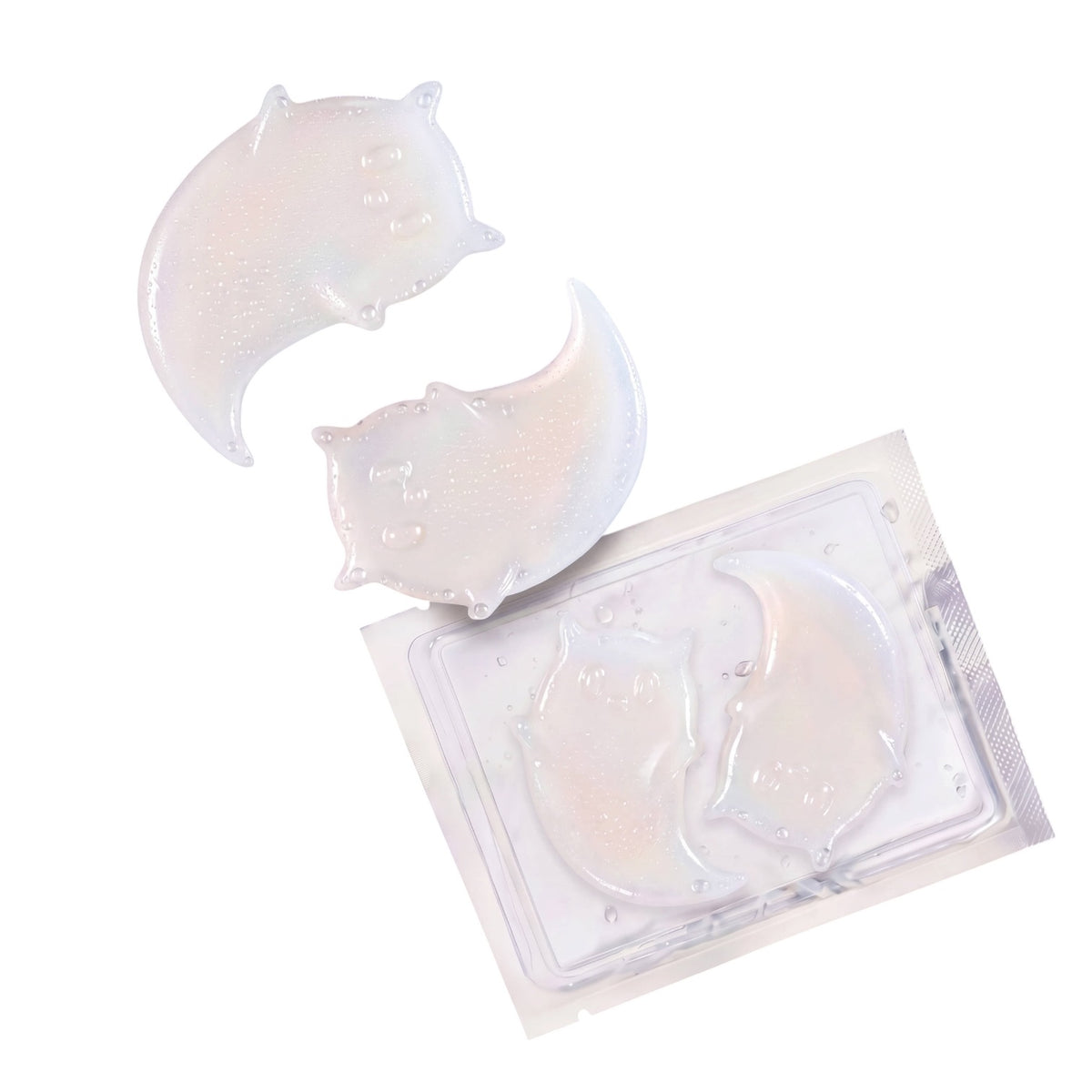 Two translucent iridescent crescent moon-shaped patch products shown above a clear plastic packet containing matching moon-shaped patches, on a plain white background.