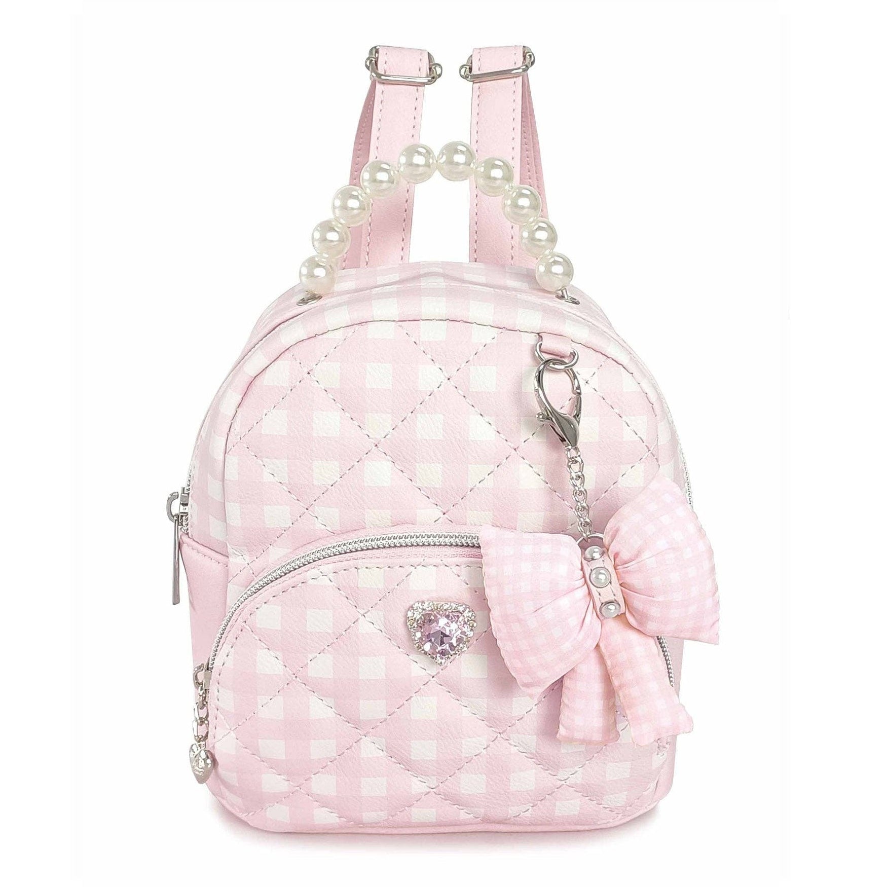 Pink quilted backpack with a bow and pearls on a white background