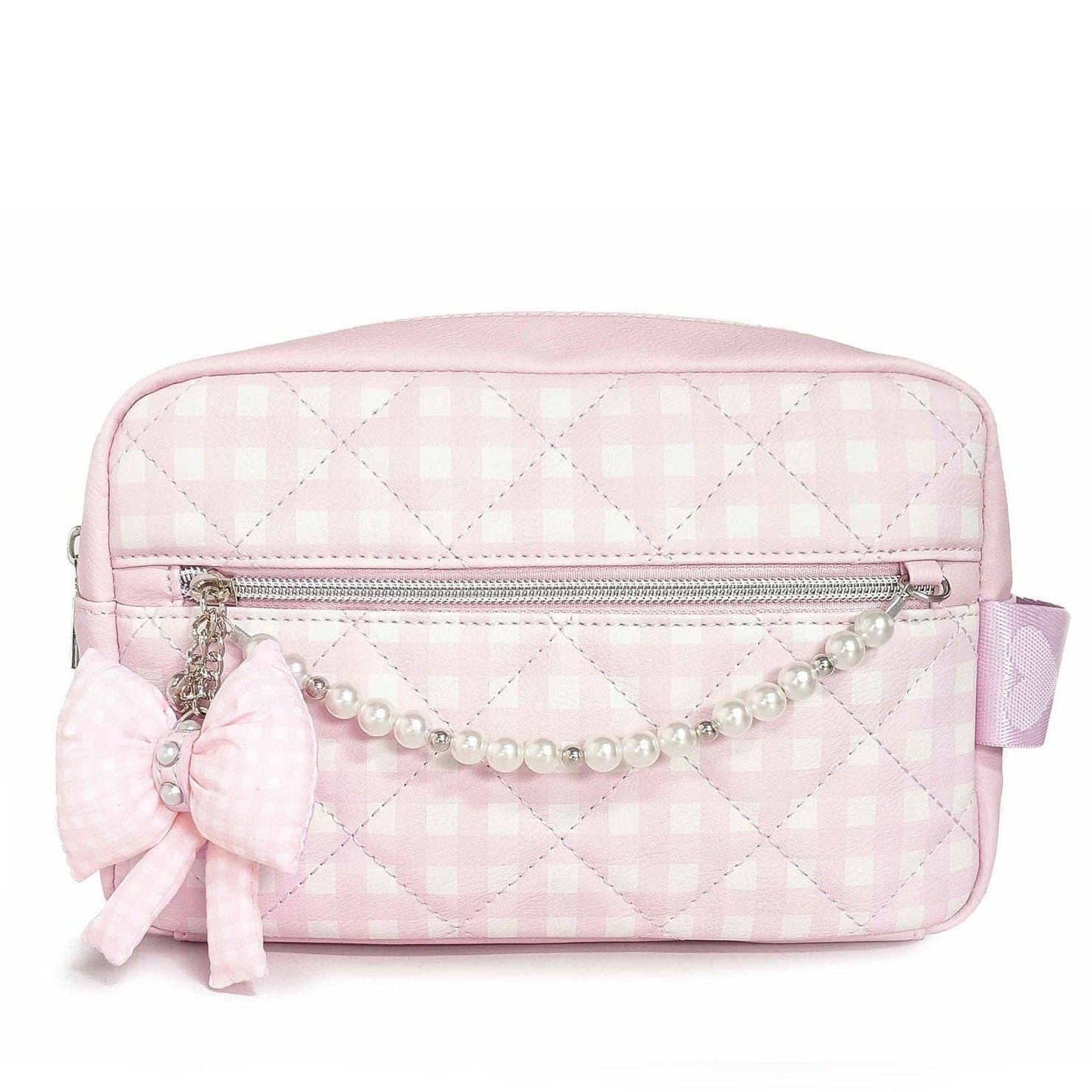 Pink quilted cosmetic bag with a bow and pearl details on a white background