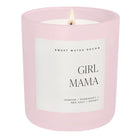 Pink candle with a label reading 'Girl Mama' on a white background
