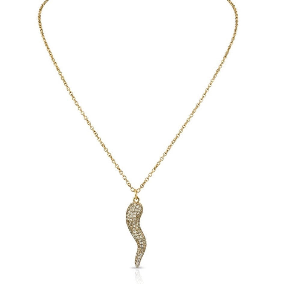Gold necklace with a unique pendant on a white background