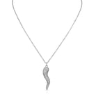 Silver necklace with a wavy pendant on a white background