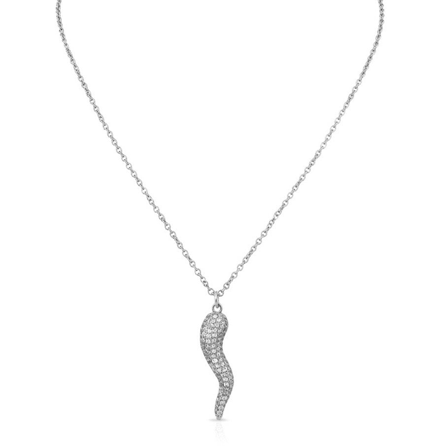 Silver necklace with a wavy pendant on a white background